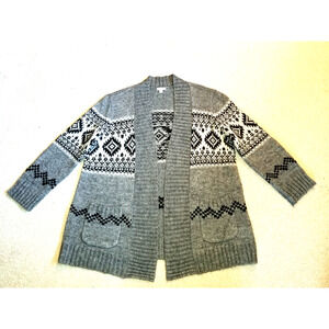 Womens Sweater-J. JILL-grey/black Nordic wool long open cardigan ls Fair Isle-L